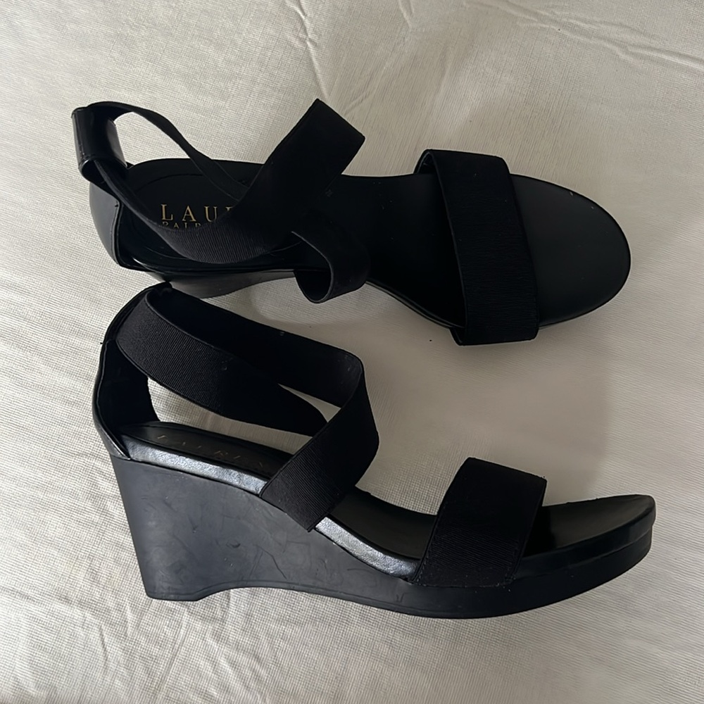 LAUREN Ralph Lauren Black Elastic Stretch Strap Slip On Wedge Sandal Heel Size 7 - Picture 8 of 9